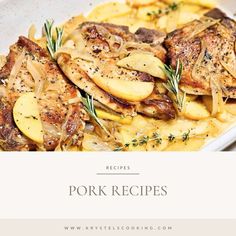 pork chops with potatoes and gravy in a white dish