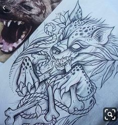 a drawing of a wolf with a skull and crossbones on it's chest