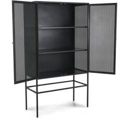 an open bookcase with mesh doors on the front and bottom shelves, in black