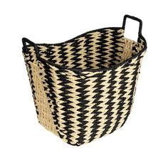 a black and white basket with handles