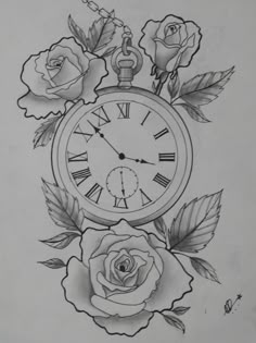 a drawing of a clock with roses on it