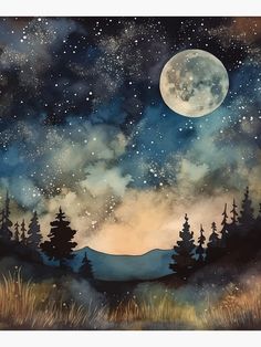 a painting of a night sky with trees and the moon