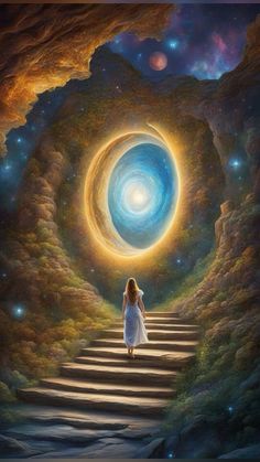 a painting of a woman walking up some stairs towards a bright blue ball in the sky