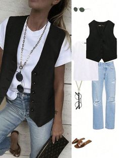 Solid Color Casual Vest Jacket, Spring & Summer Black Casual  Sleeveless Woven Fabric Plain vest Non-Stretch  Women Clothing, size features are:Bust: ,Length: ,Sleeve Length: Black Vest For Women, Casual Black Vest Outfit Women, Vest Styles For Women, Black Dress Vest Outfits For Women, Vest Long Sleeve Outfits, How To Style Black Vest Outfit Ideas, Women Black Vest Outfit, Dressy Vest Outfits, Outfit Ideas With Black Vest