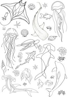 free Tattoo Font Tiny Sea Creature Tattoos, Ocean Theme Leg Tattoo, Fine Line Sea Animal Tattoos, Tattoo Ideas Big Pieces, Coastal Tattoos For Women, Ocean Fish Drawing, Tattoo Mar Ocean, Fine Line Animal Tattoos, Minimalist Ocean Tattoo