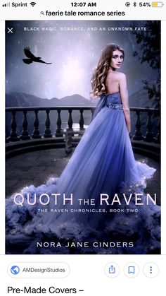 an image of a woman in a blue dress on the cover of her book, quoteth the raven