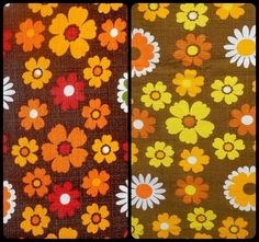 two different patterns of flowers on brown and orange fabric, one with white dots in the center