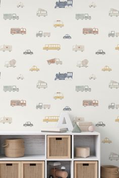 children's room wallpaper with cars and trucks on the white background, in neutral tones