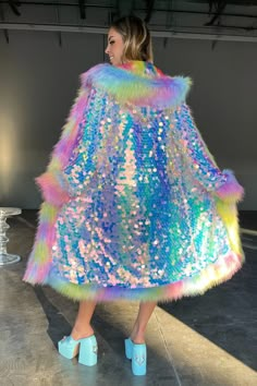 Odessa Sequin Coat – SPACE ISLAND Glamorous Winter Outerwear With Contrast Sequin, Iridescent Outerwear For Fall Party, Spring Party Fur Coat With Faux Fur Trim, Party Multicolor Sequined Outerwear, Multicolor Sequined Party Outerwear, Party Fur Coat With Faux Fur Trim, Glamorous Long Sleeve Fur Coat For Party, Space Island, Sequin Coats