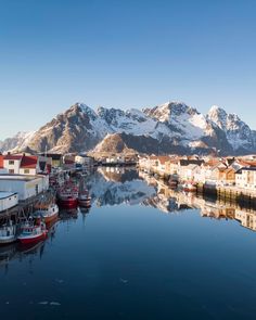 several boats are docked in the water with mountains in the background and snow - capped peaks in the distance