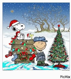 a charlie brown christmas card with a tree and peanuts on it's chest, in front of a snowy scene