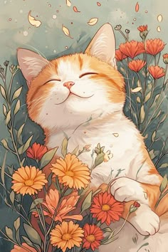 an orange and white cat laying on its back in some flowers with it's eyes closed