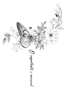 a black and white drawing of a butterfly with flowers