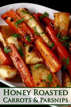 A serving plate of honey roasted parsnips and carrots, garnished with chopped parsley. Roasted Turnips And Carrots, Medeterian Diet, Carrot And Parsnip Recipe, Honey Parsnips, Honey Roasted Parsnips, Pumpkin Cheese Ball, Dinner Veggies, Carrot Parsnip