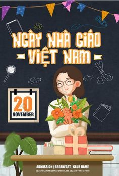 a woman holding a box with flowers in front of a chalkboard that says ney nia gad viet nam