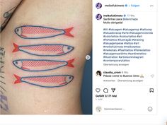 a woman's stomach with red fish tattoos on it and an image of the same one