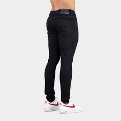 ✓ Versatile Men's Skinny Fit - A perfectly fitted look from waist to ankle with no saggy areas on slim guys, with stretch to accommodate men with larger muscular thighs, glutes and calf muscles. ✓ Ultra-Stretch Denim - Luxurious denim elastane blend to give a flexible waist and leg fit, plus full freedom to move with comfort qualities more like activewear. ✓ Stylish Jeans - Understated design, with a satisfying real denim weight, for a classy modern look in classic Jet Black. ❌ Not for guys who Black Slim Stretch Bottoms, Basic Fitted Straight Leg Bottoms, Basic Black Fitted Bottoms, Basic Fitted Black Bottoms, Urban High Rise Fitted Bottoms, Classic Fitted Jeans For Streetwear, Fitted Slim Bottoms For Streetwear, Sporty High Rise Fitted Jeans, Slim Fit Black Bottoms For Streetwear