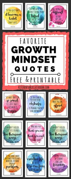 the words favorite growth minds and quotes are shown in this printable poster with watercolor paint