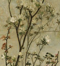 a painting of white flowers on a green background