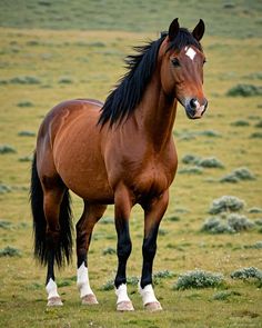 a brown horse standing on top of a lush green field