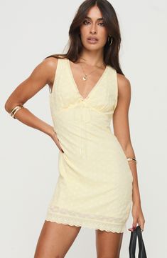 Feel your cutest in this linen-kissed minidress with sweet details like scalloped edges and a dainty satin bow. 31" length (size 4) Hidden side-zip closure V-neck Sleeveless Lined 70% viscose, 30% linen Hand wash, tumble dry Imported Dress Plunging Neckline, Yellow Fits, Fleece Dress, Outerwear Outfit, Lace Ribbon, Loungewear Sets, Satin Bow, Curve Dresses, Casual Tank Tops