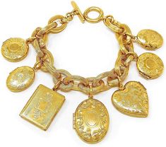 The loveliest charm bracelet, with lockets all around. Designed by Ben-Amun, the Egyptian designer whose pieces graced the wardrobe of Jacqueline Kennedy Onassis. Ahs Style, Coin Charm Bracelet, Chunky Gold Chain, Locket Bracelet, Gold Locket, Gold Charm Bracelet, Locket Charms, Gold Bracelet Chain, Vintage Bracelets