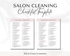 the salon cleaning checklist template is shown in pink and white, with text overlaying