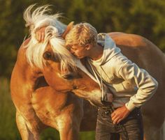 a man is kissing the face of a horse