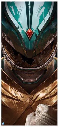 a close up of the face of a character from overwatch, with green eyes and gold armor