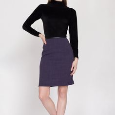 Vintage 90s high waisted purple mini pencil skirt, with faux black leather trim at the waistline. Measurements and Condition:    Fits like: Women's small Fabric: Feels like a polyester blend with faux leather trim Brand: Unknown, the tag was cut out by a previous owner Condition: Very good, with a couple tiny snags on the lower back.   Length: 20.25" Waist: 26" Hips: 36" - taken at the bottom of the zipper opening Shown on a 5'9" model with measurements of 33"-24"-37", usually wears size XS to s Mini Pencil Skirt, Leather Trim, Leather Trims, Vintage 90s, Favorite Outfit, Mini Skirt, Pencil Skirt, Violet, Cut Out