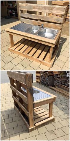 an outdoor table made out of wooden pallets and metal sink in the middle of it