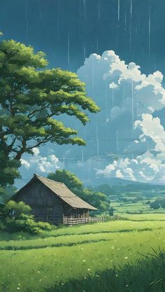 an anime scene with rain falling from the sky, and a tree in the foreground