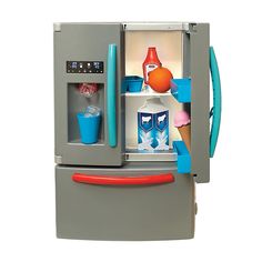 a toy refrigerator with ice cream and drinks in it