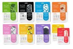 eight different types of facial maskes are shown in the package, each with their own logo