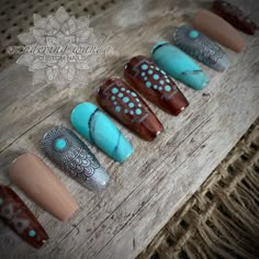 Leather beaded nails with turquoise accents and sterling silver jewelled features. Gloss finish *Long Coffin, XL stiletto, XL Tapered Square, Short Square & Almondetto shape shown. Your new salon quality nail enhancements made by a professional nail artist, come with 10 custom nails in a box with protective packaging, detailed instructions for application & removal, cuticle pusher, wood file, buffer, alcohol wipe, nail tabs, glue & lotion spatulas. Made with Professional only products. Vegan, Cr Turquoise Nail Design, Turquoise And Brown Nails, Tourquise Nails Design, Brown And Turquoise Nails, Turquoise Nails Designs, Native American Nails, Nails Boho, Brown And Teal Nails, Indigenous Nails Art