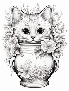 a black and white drawing of a cat in a vase with flowers on the side