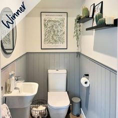 a white toilet sitting next to a sink in a bathroom under a framed picture on the wall