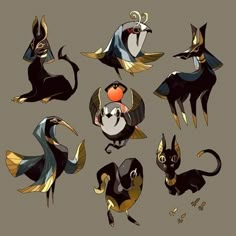 some very cute cartoon animals with different colors and designs on their bodies, all in different poses