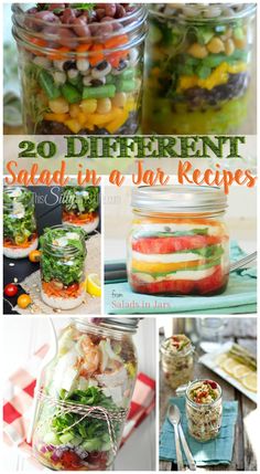 different salads in jars with text overlay that reads 20 different salads in jar recipes