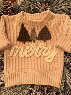 This handmade embroidered oversized Christmas sweater is the perfect addition to your littles winter holiday wardrobe. Completed size 6-9 month. Do have additional sizes for custom orders.message for custom holiday designs. Childrens Christmas Tree, Embroidered Christmas Sweater, Embroidered Christmas, Embroidery On Clothes, Childrens Christmas, Holiday Wardrobe, Embroidered Sweater, Christmas Knitting, Winter Holiday