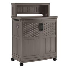 an outdoor storage cabinet with wheels and doors on the front, in grey color scheme