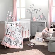 "The five-piece crib bedding set includes one quilt, one breathable 100% cotton fitted crib sheet, one crib skirt, one rectangular throw pillow, and a complete set of wall decals. This Happy Jungle features a spotted leopard dangling on a large tree branch along with a mommy and baby lion. The baby lion sits happily on the back of a white plush minky elephant with gray embroidered ears. A mommy and baby tiger are close by walking on scattered pink and gray flowers. Trendy pink pom poms decorate Pink Elephant Nursery, Girl Nursery Crib, Girl Nursery Themes, Girl Nursery Bedding, Baby Crib Bedding Sets, Crib Toddler Bed, Girl Nursery Room