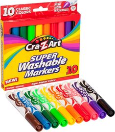 the crayon super washable markers are set in a box with 10 different colors