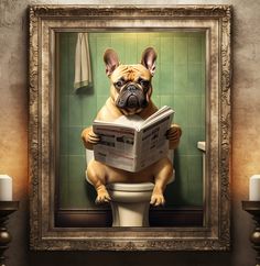 a painting of a dog sitting on top of a toilet while reading a newspaper in front of a green tiled wall