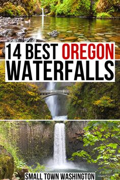 Three photos of beautiful waterfalls in Oregon, including bridges and cascades and typical PNW landscapes. Small Town Washington, Waterfalls In Oregon, Oregon Hikes, Us Road Trip