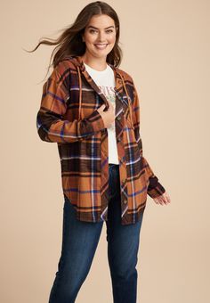 Cabin Plaid Boyfriend Hooded Button Down Shirt - Materials & Care:imported - 100% cotton - machine wash A Cabin, Fall Clothes, Favorite Sweater, Flannel Fabric, List Style, Womens Plaid, Cotton Flannel, Button Downs, Halloween Decor