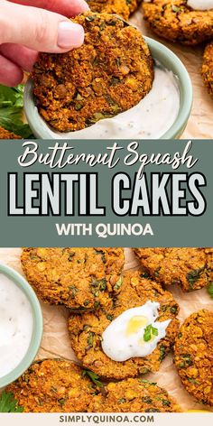 butternut squash lentil cakes with quinoa and yogurt on top