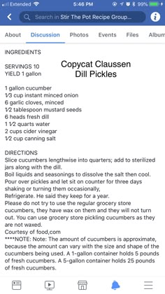 an iphone screen showing the recipe for copycat clousen diii pickles