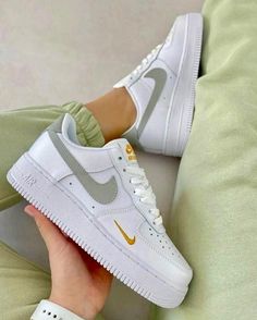 Green White Gold Swoosh Custom Air Force 1s-shecustomize Golden Sneakers, Air Force 1s, Nike Fashion Shoes, Preppy Shoes, All Nike Shoes, Gold Sneakers, Nike Air Shoes, Baskets Nike, Air Force One