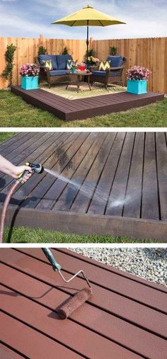 a person using a hose to spray water on a deck